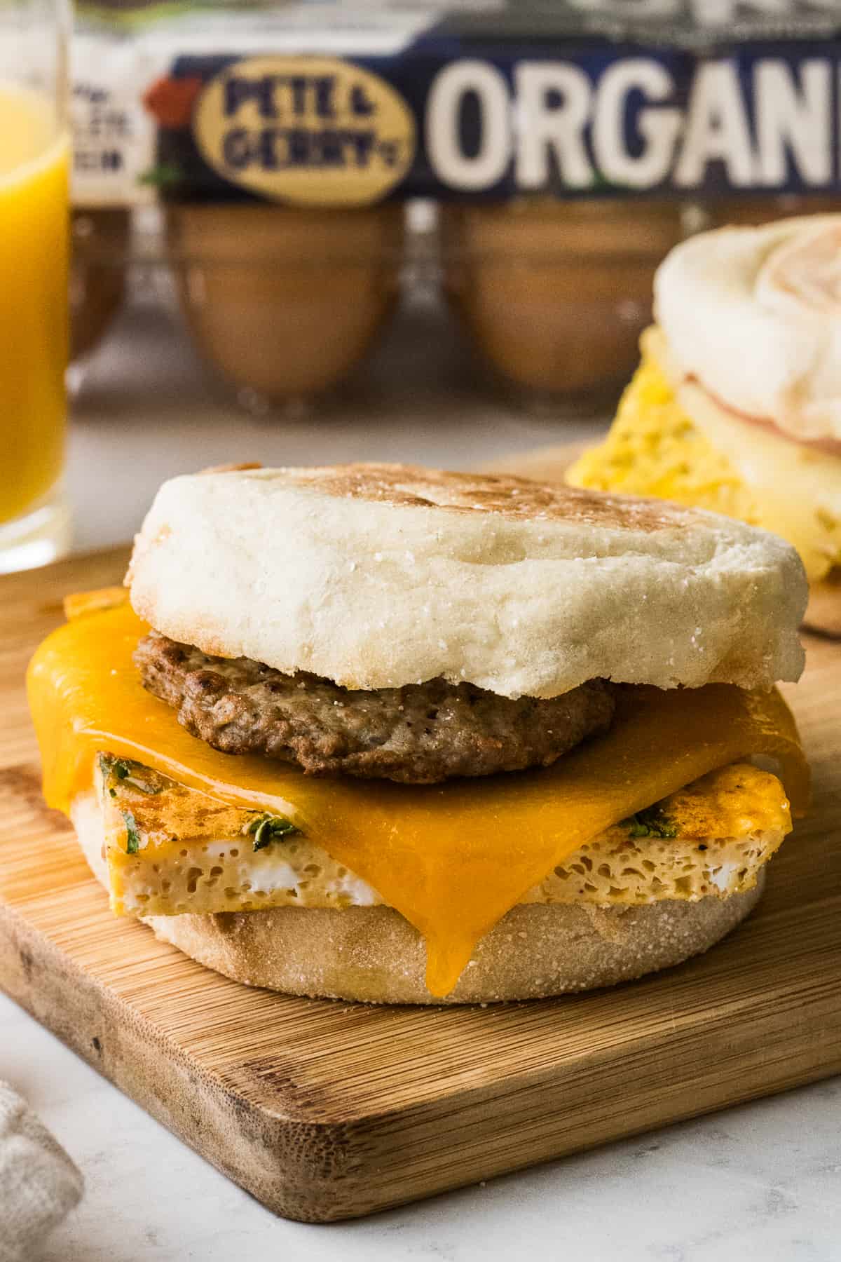 Freezer breakfast sandwiches made from English muffins, sausage, ham, or bacon, and cheese.