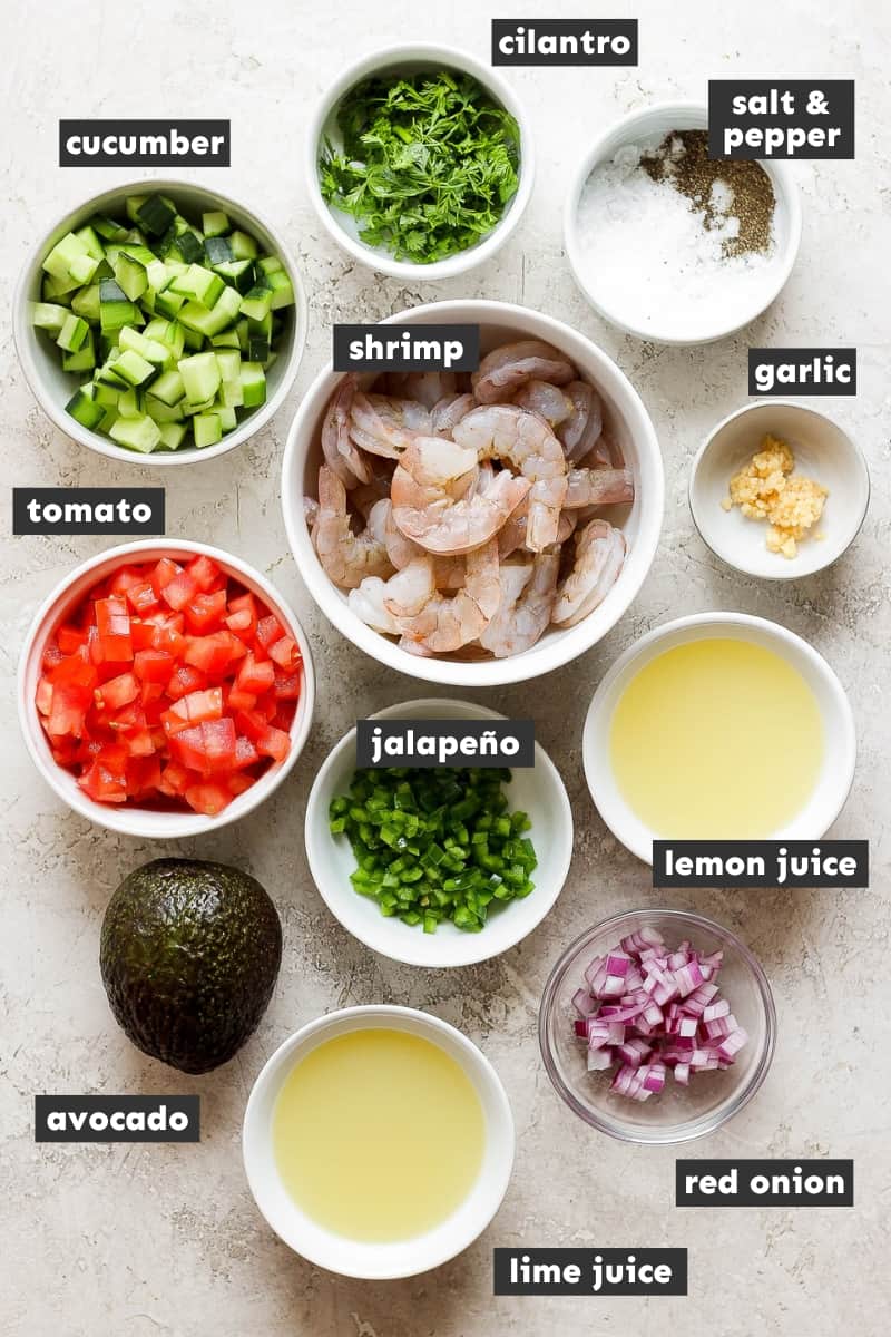 Ingredients in ceviche on a table.