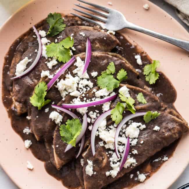Enfrijoladas covered in a blended bean sauce and garnished with queso fresco, cilantro, and sliced onions.