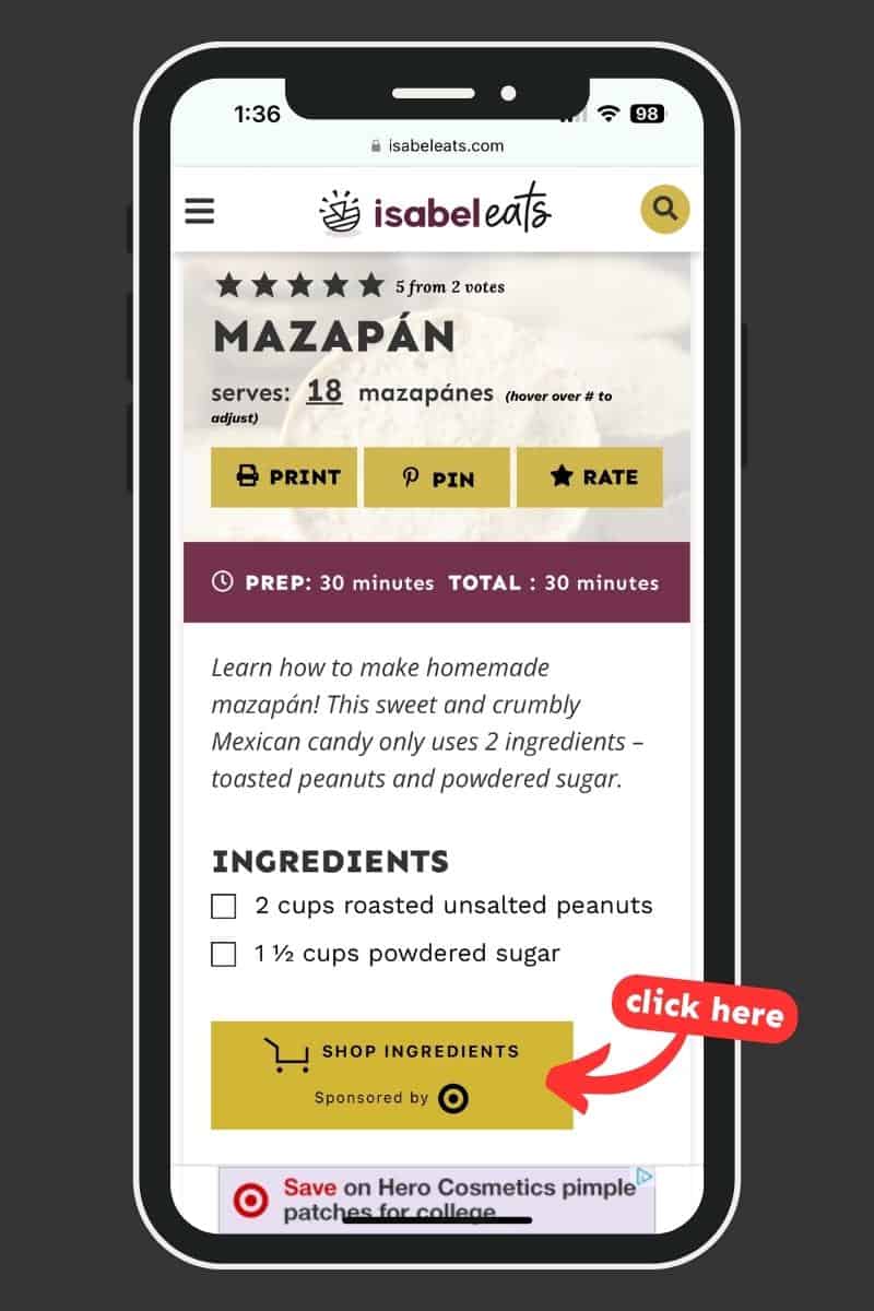 How to shop ingredients at Target using the shoppable button on the recipe card.