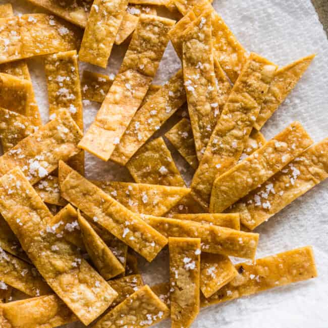 Tortilla strips seasoned with flaky sea salt.
