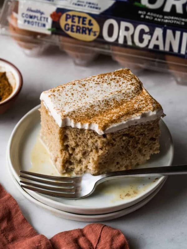 Apple tres leches cake on a table.