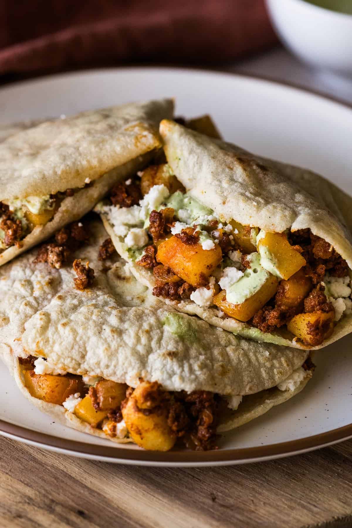 Gorditas stuffed with potatoes and chorizo ready to eat.