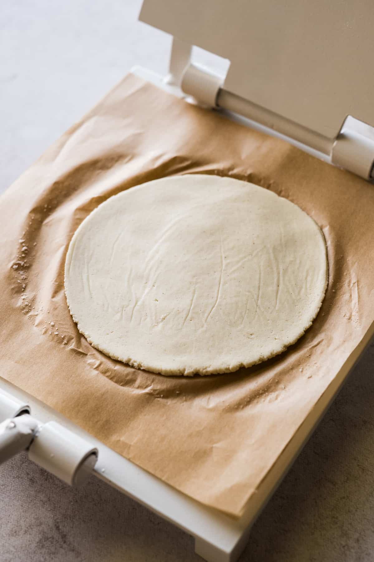 Pressed and flattened masa dough on a tortilla press.