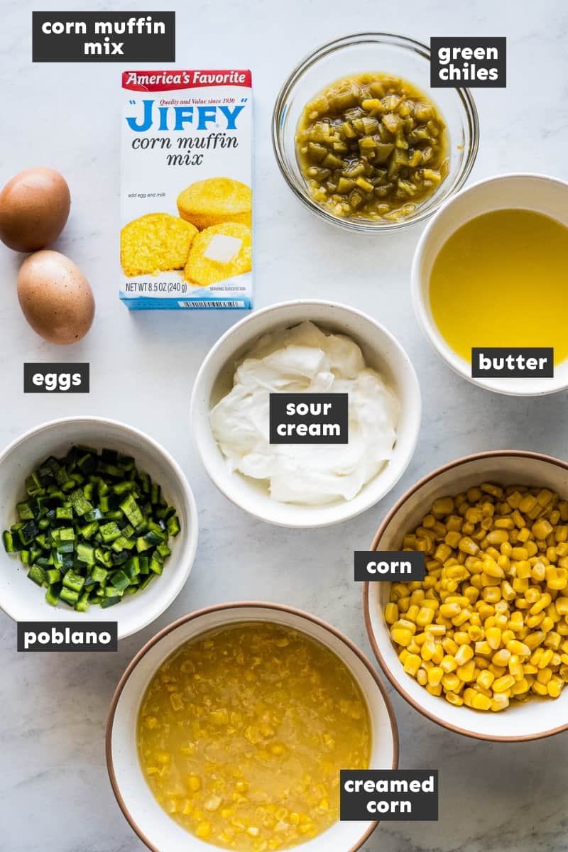 Ingredients in Green Chili Corn Casserole on a table.