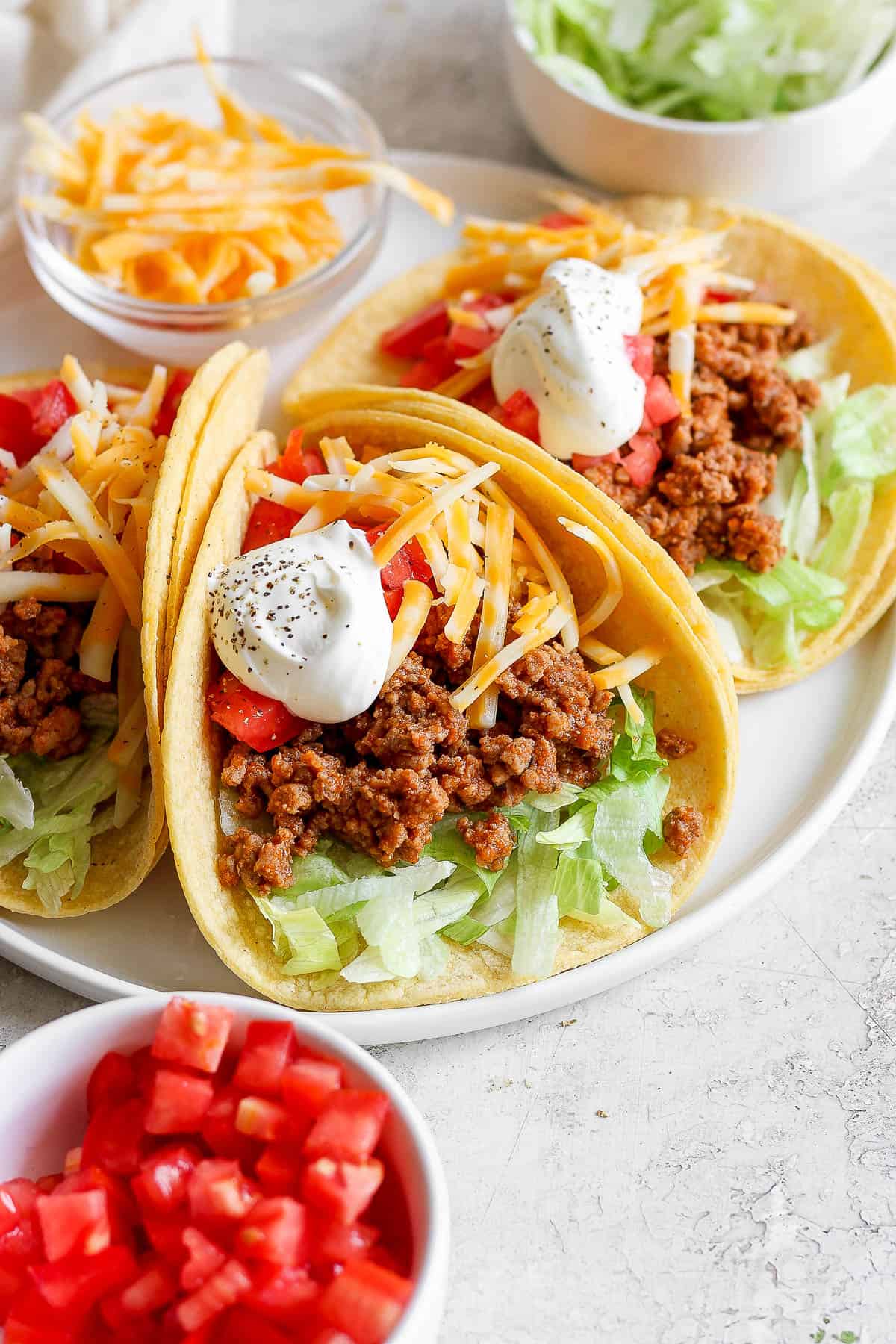 Ground turkey tacos in corn tortillas ready to eat.