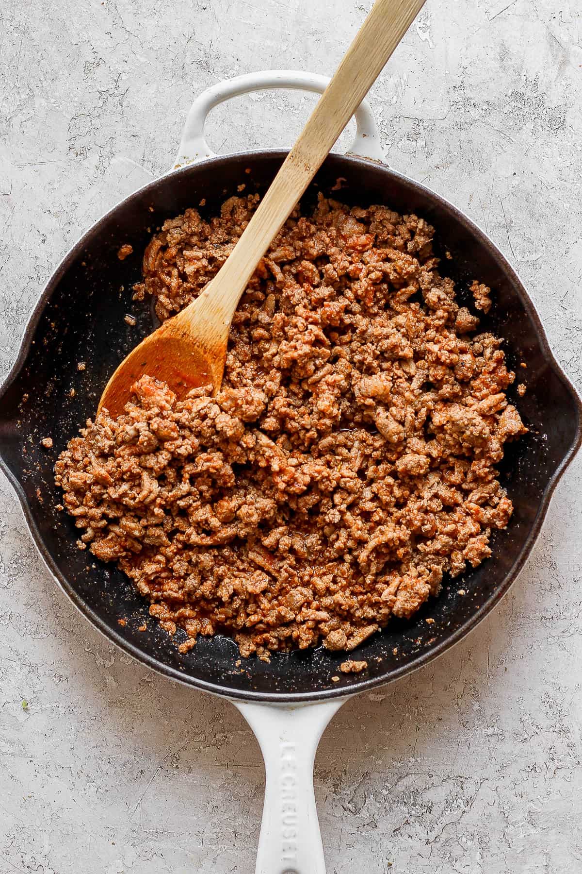 Ground turkey taco meat in a skillet ready to serve.