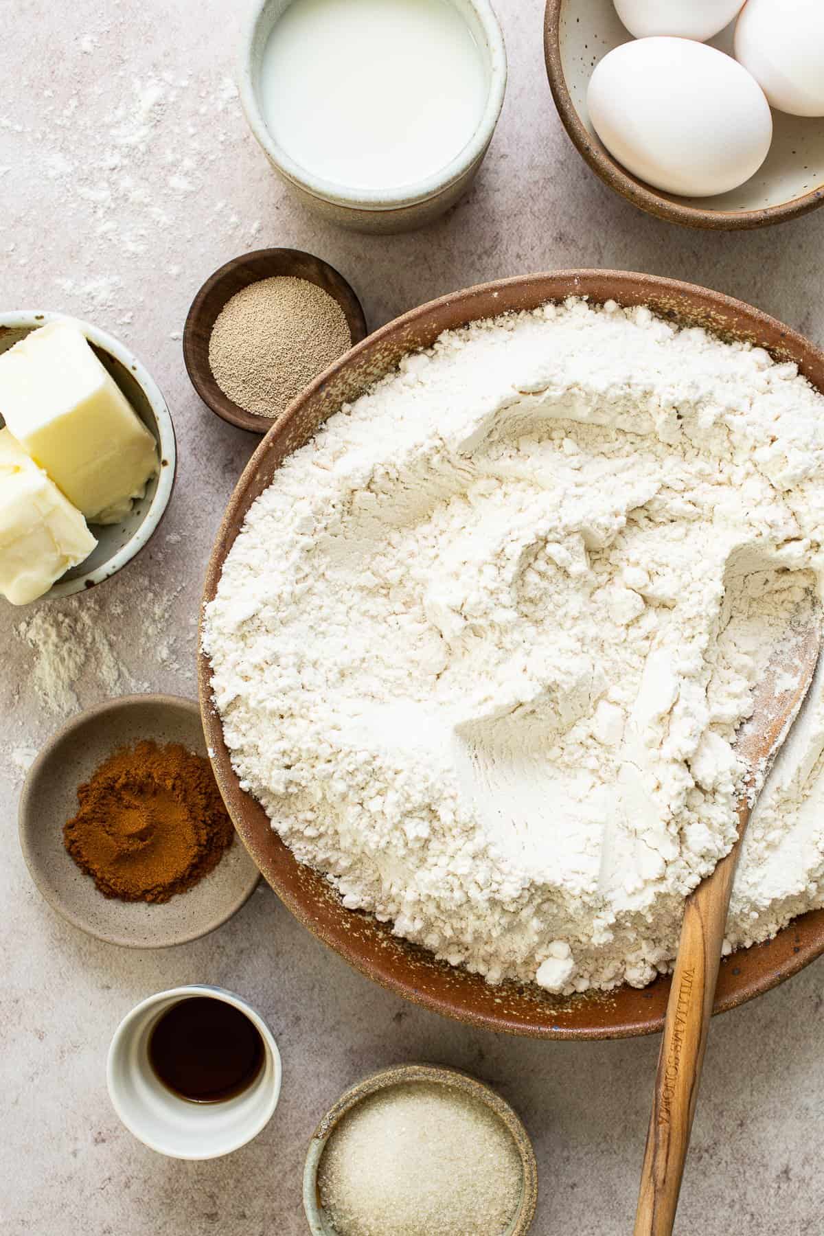 Ingredients for Mexican donuts (donas) on a table.