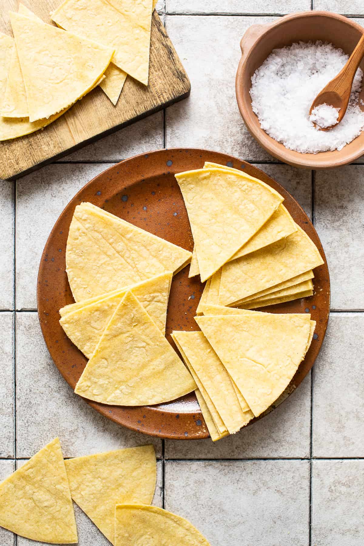 Ingredients in tortilla chips on a table.