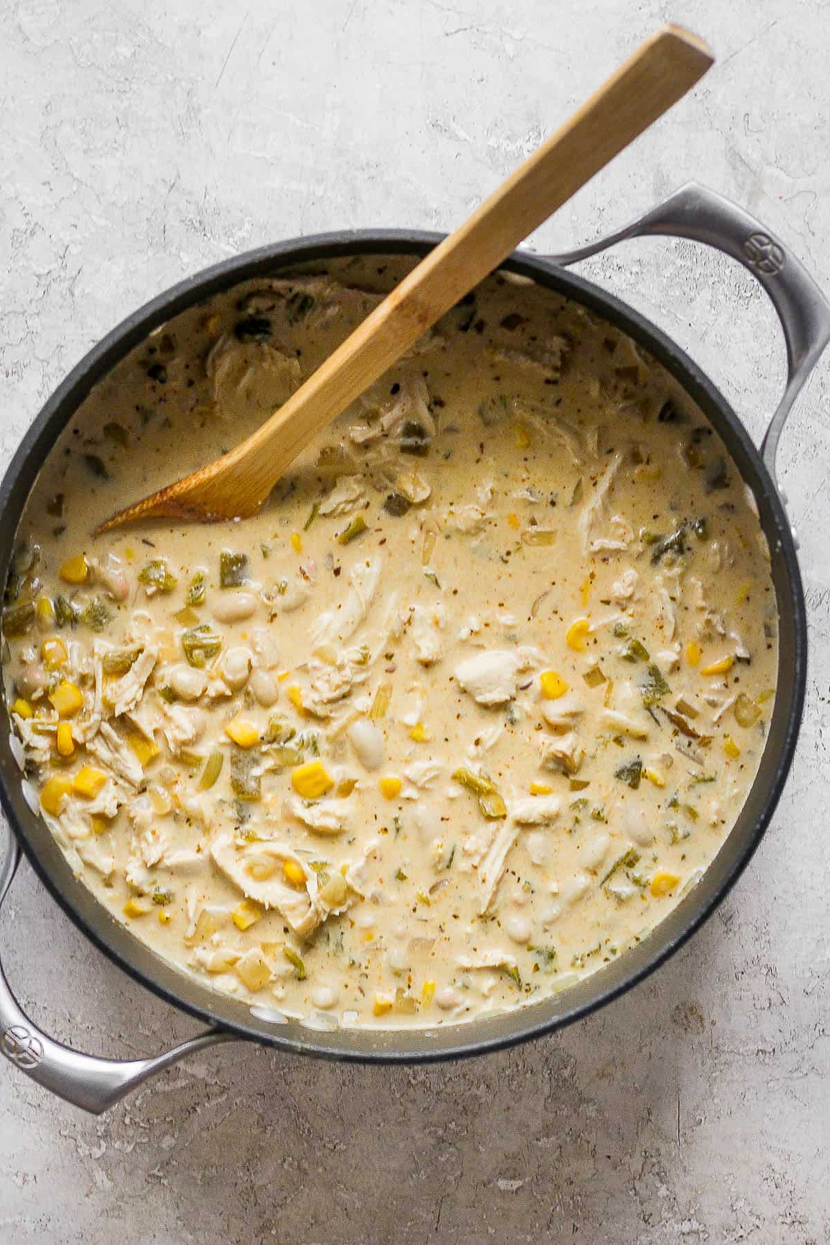 White chicken chili in a pot ready to be served.