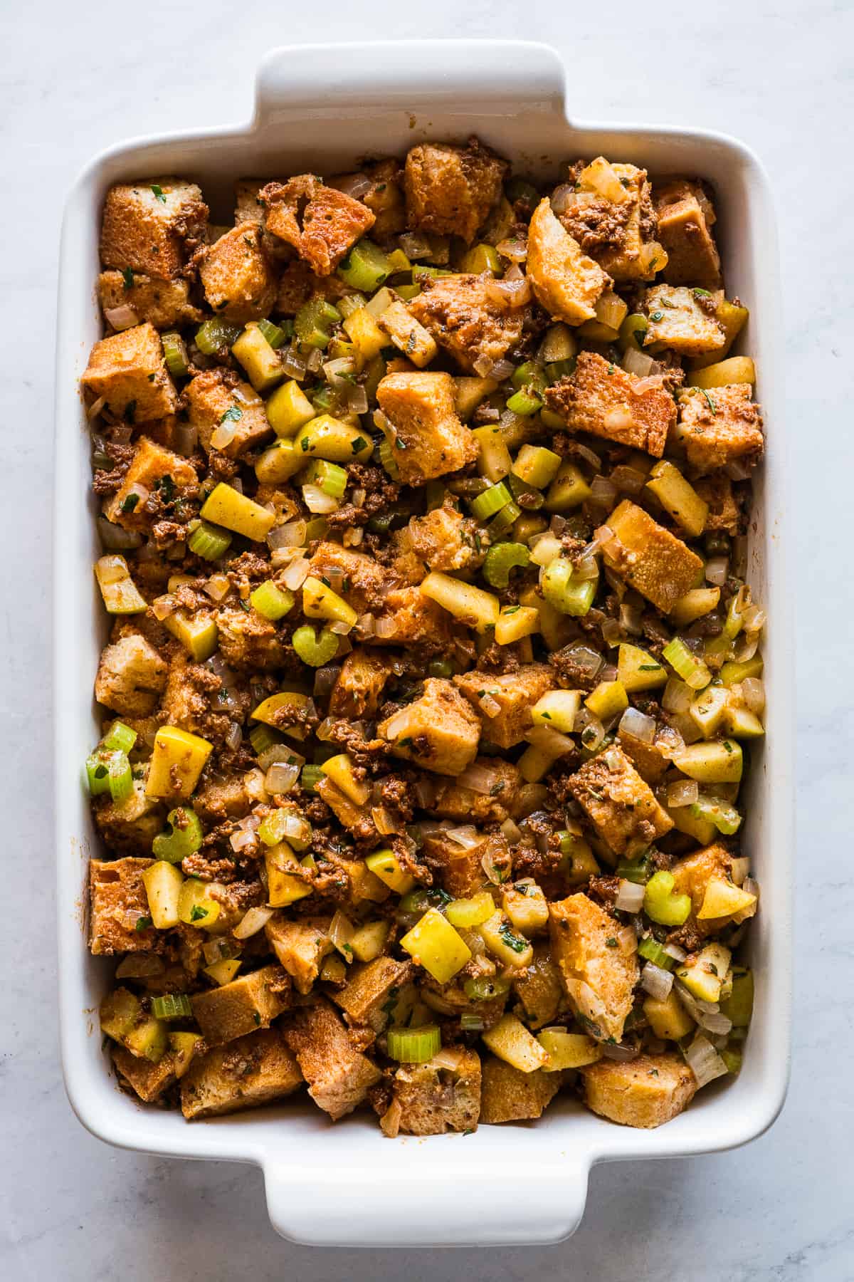 A baking dish of chorizo stuffing