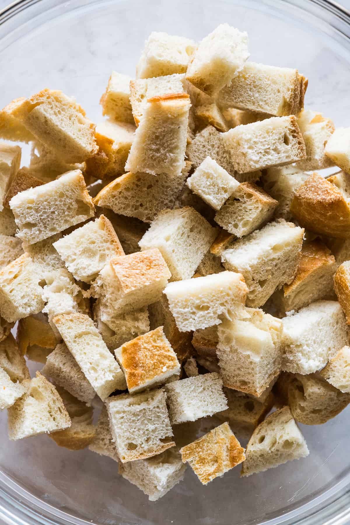 A bowl of cubed sourdough bread