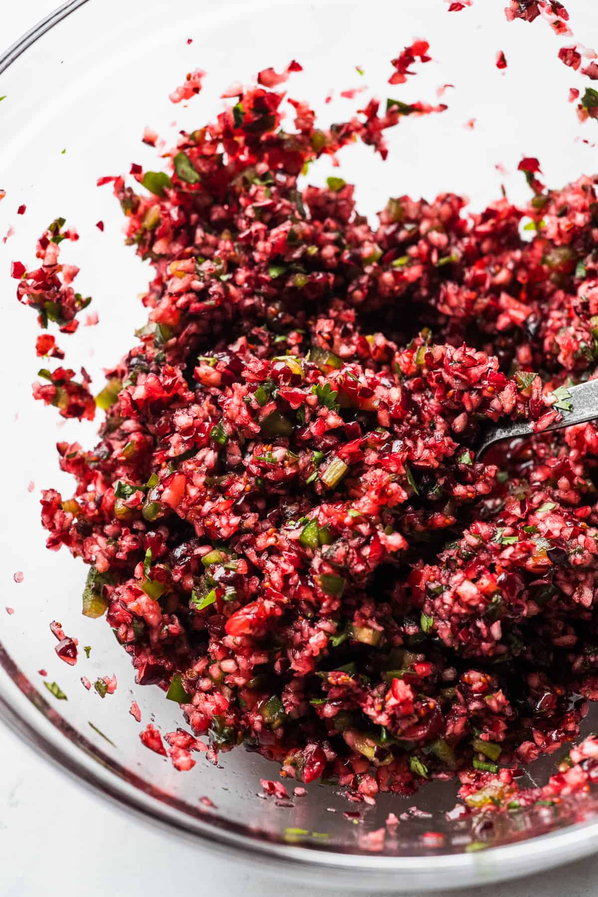 Cranberry salsa ready to be served over cream cheese.