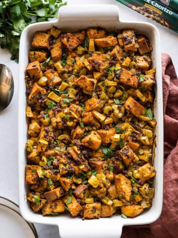 A baking dish containing Chorizo stuffing