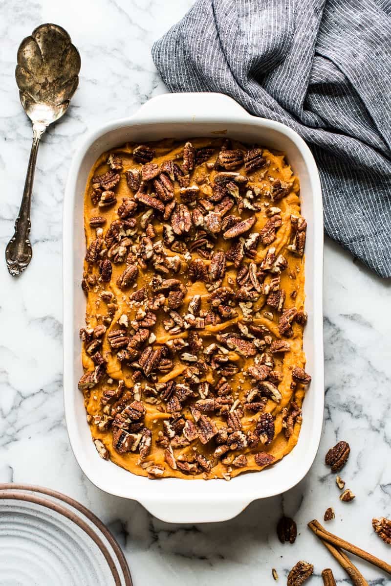 A sweet potato casserole in a serving dish