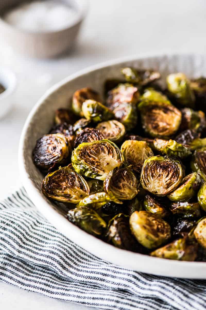 Honey balsamic brussels sprouts in a serving bowl