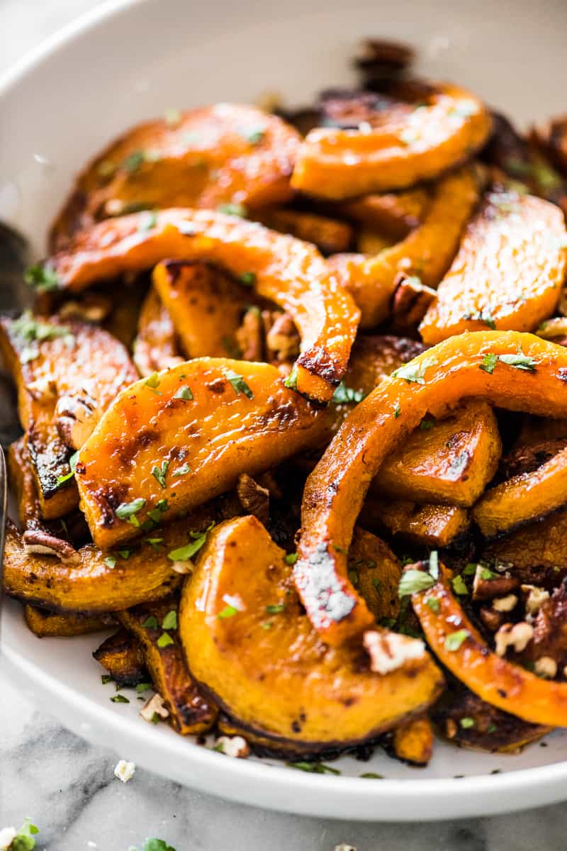 Roasted butternut squash in a serving dish