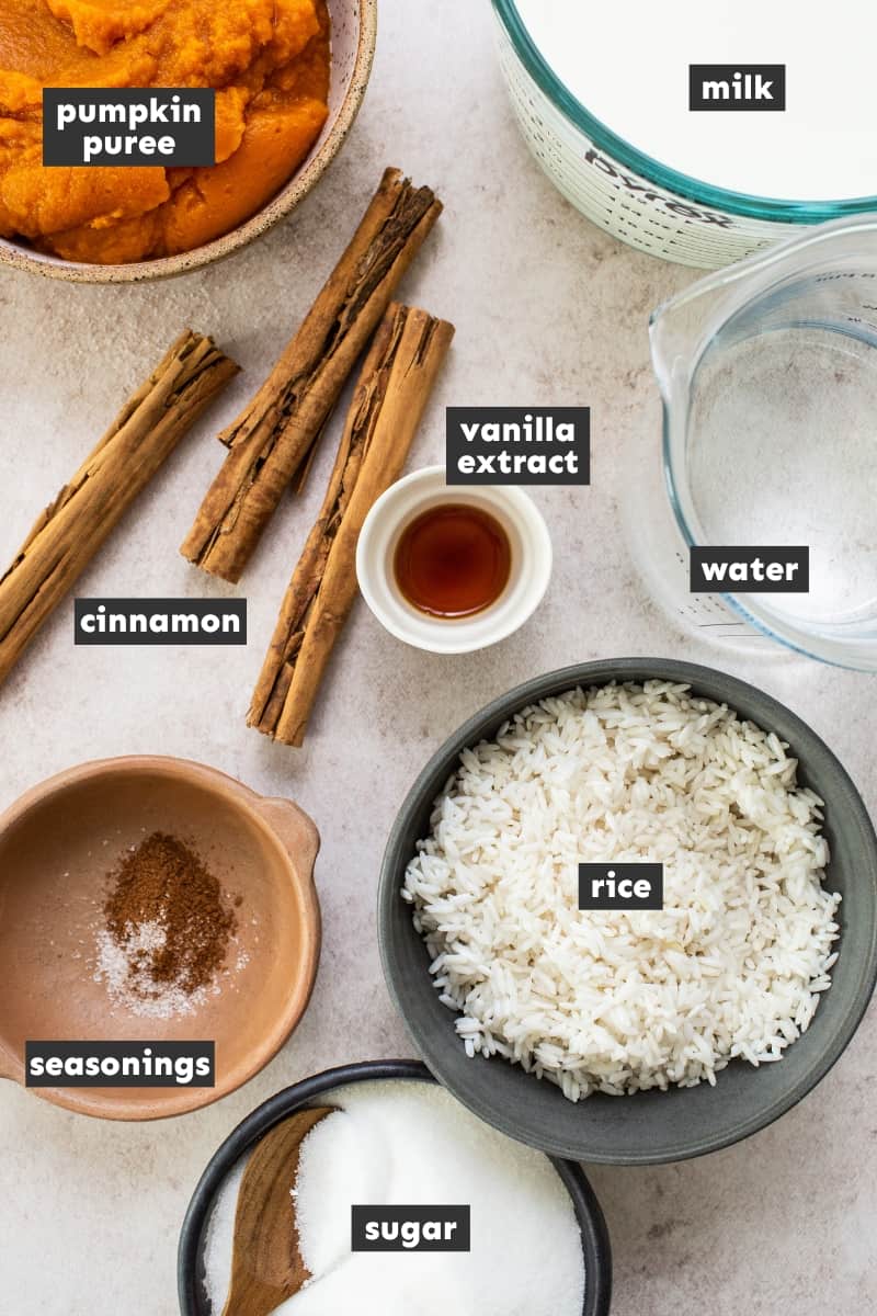 Ingredients for pumpkin arroz con leche on a table.