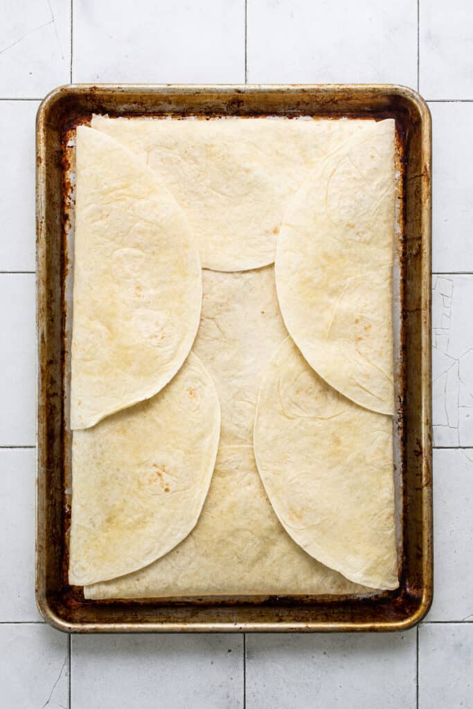 Sheet pan quesadilla before being baked.