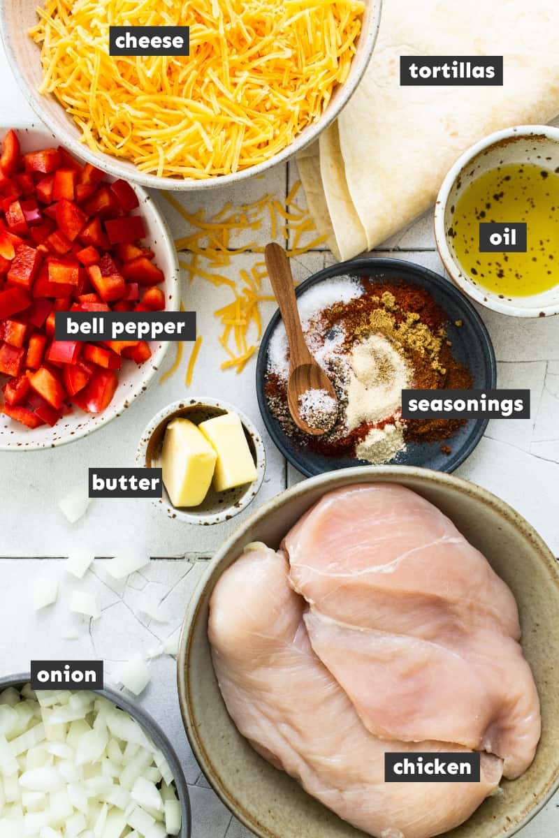 Ingredients for sheet pan quesadillas on a table.