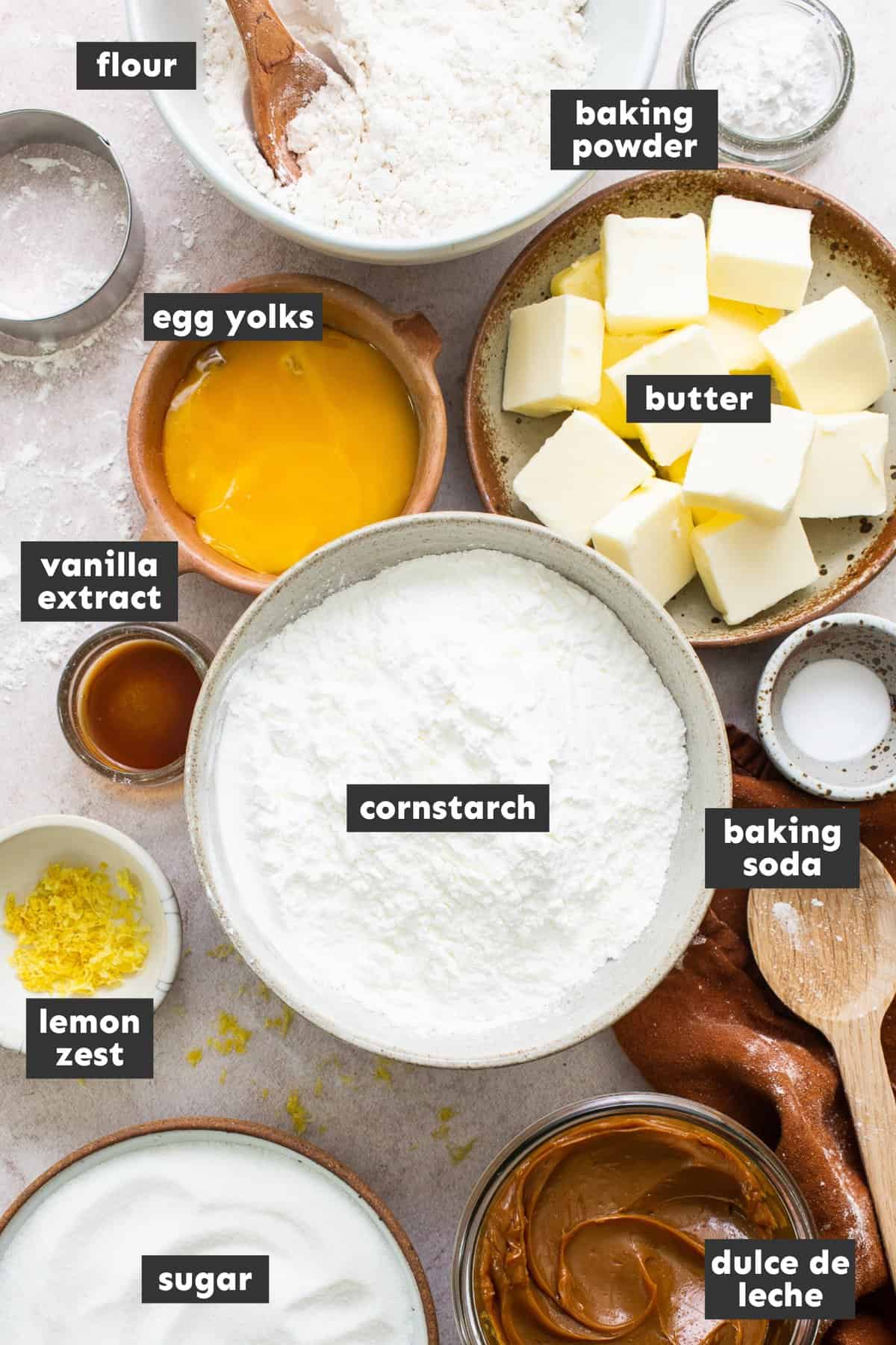 Ingredients in alfajores on a table.