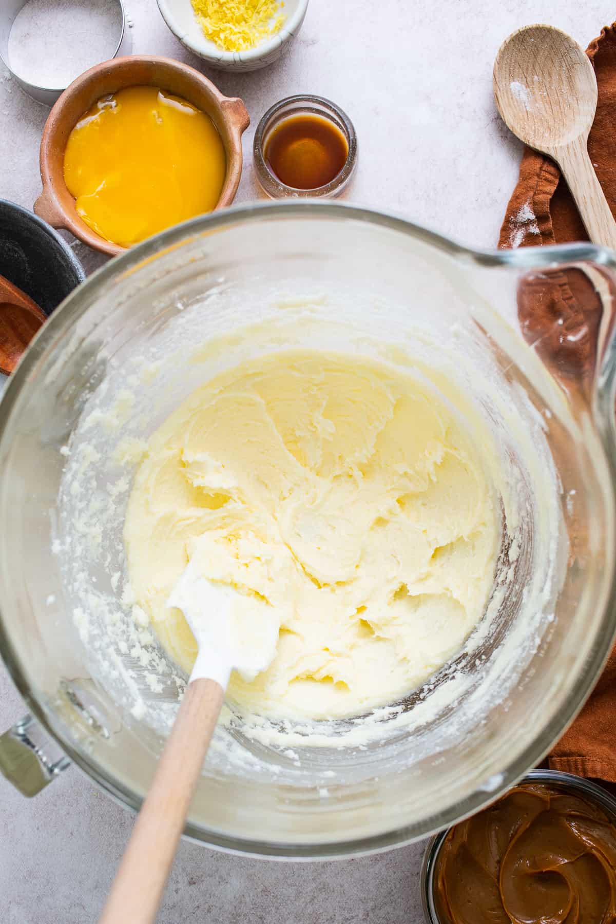 Creamed butter and sugar in a mixing bowl.