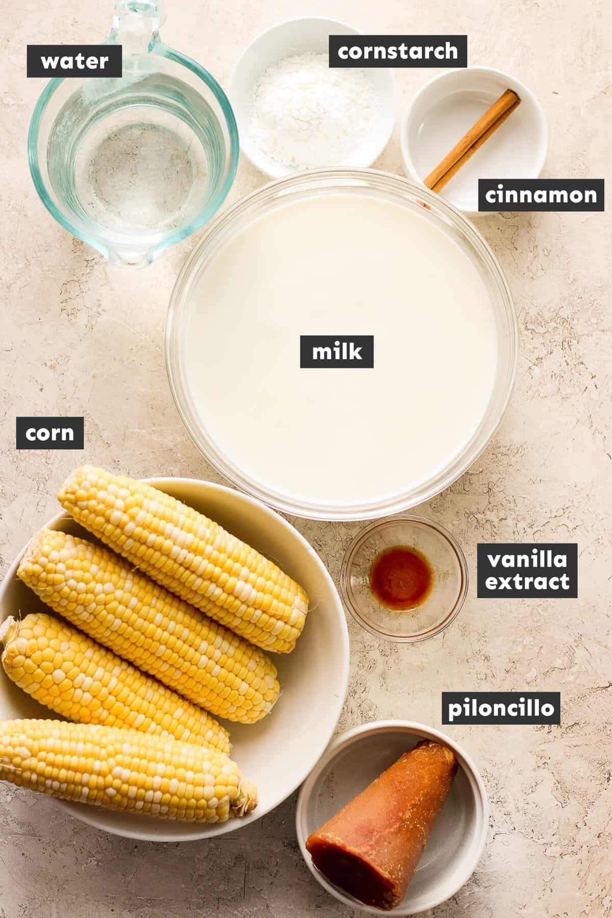 Ingredients in Atole de Elote on a table