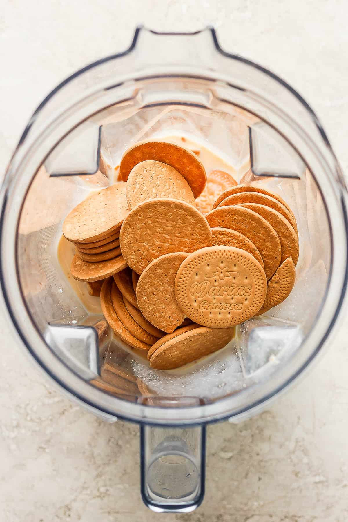 Marias cookies in a blender with evaporated milk.