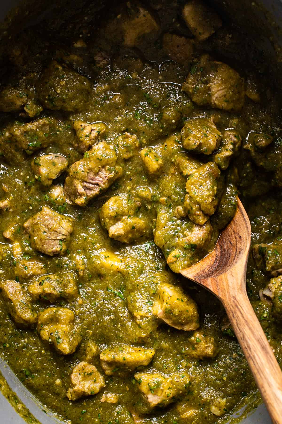 Authentic chile verde in a pot ready to be served.