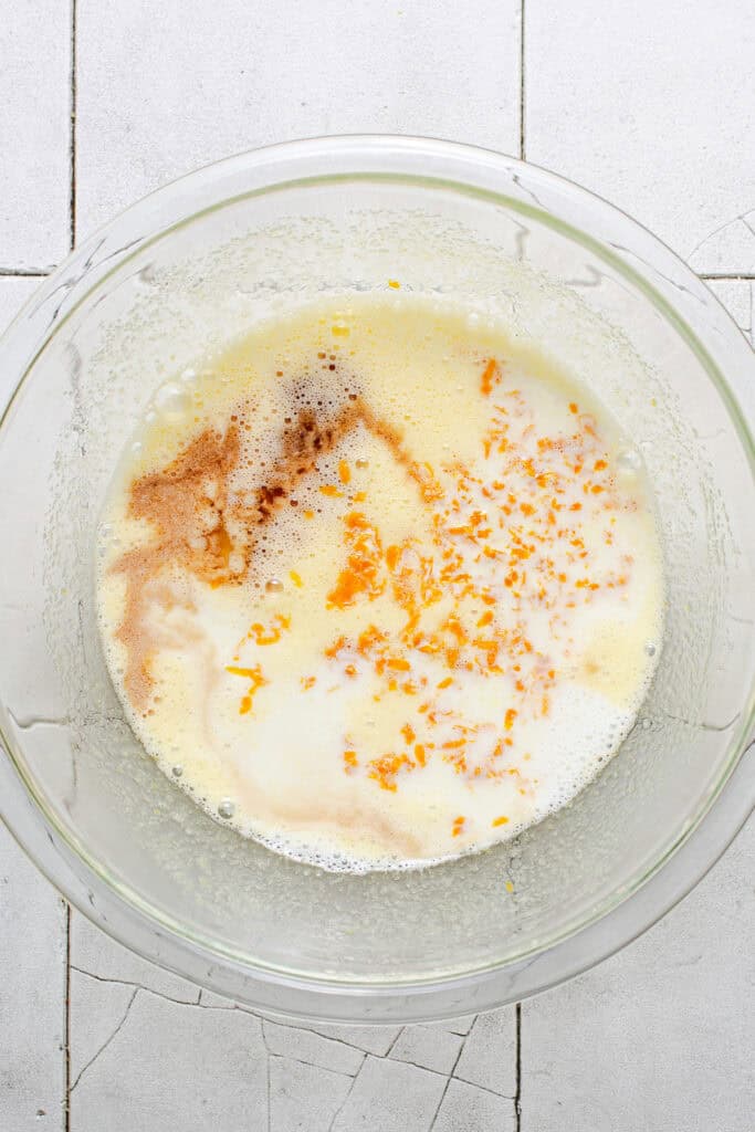 Mantecada ingredients in a mixing bowl before whisking.