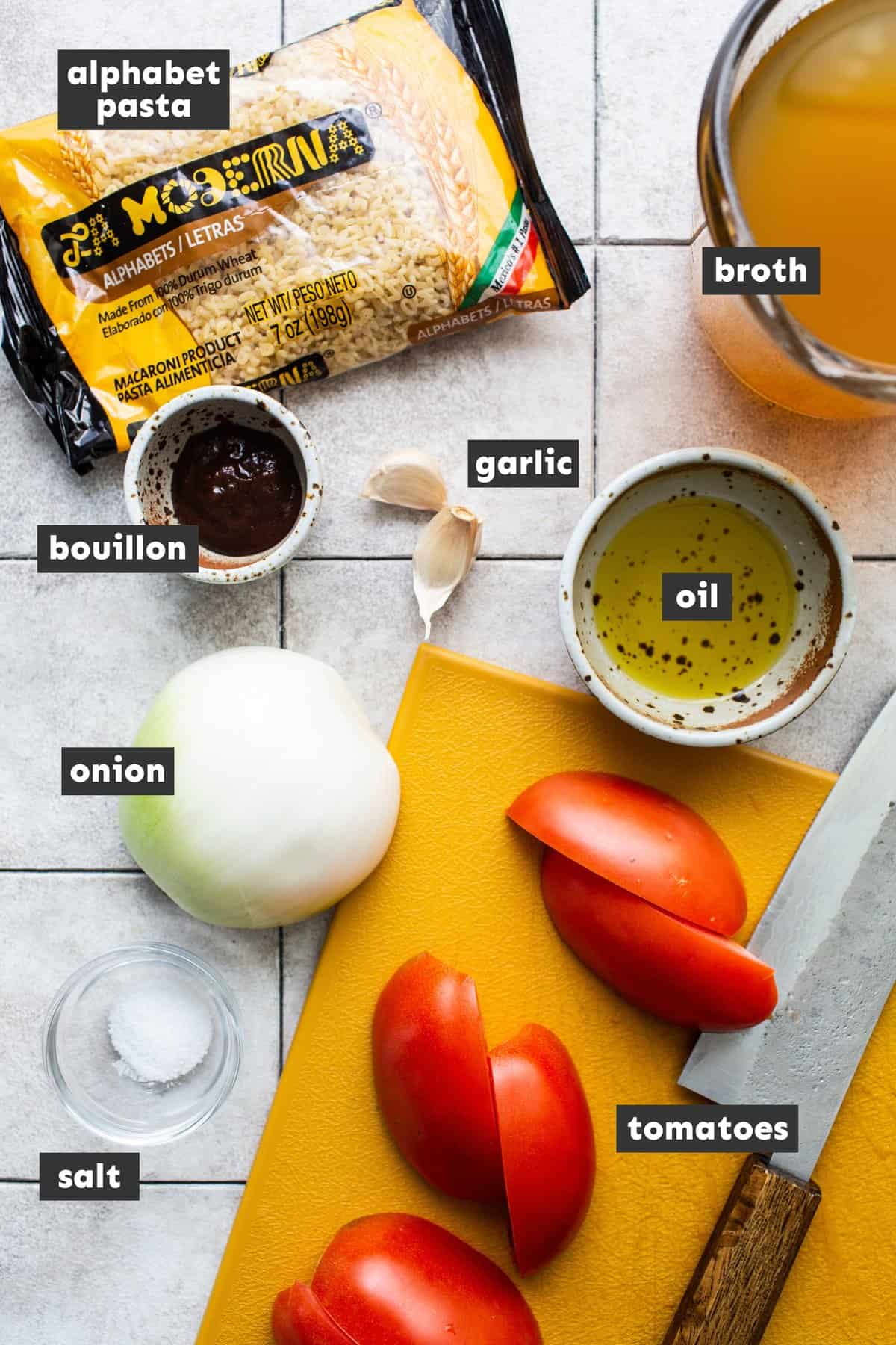 Ingredients in sopa de letras on a table.