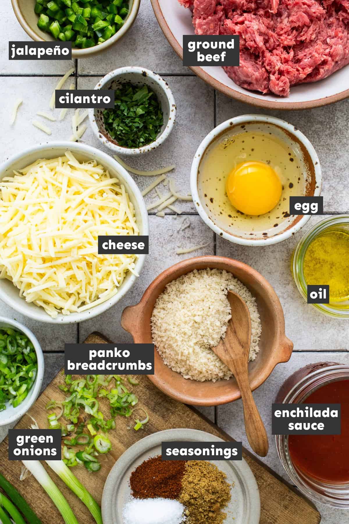 Ingredients in enchilada meatballs on a table.