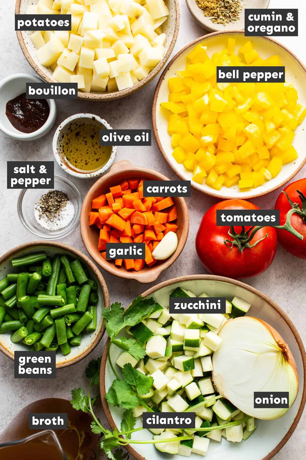 Ingredients in Mexican vegetable soup on a table.