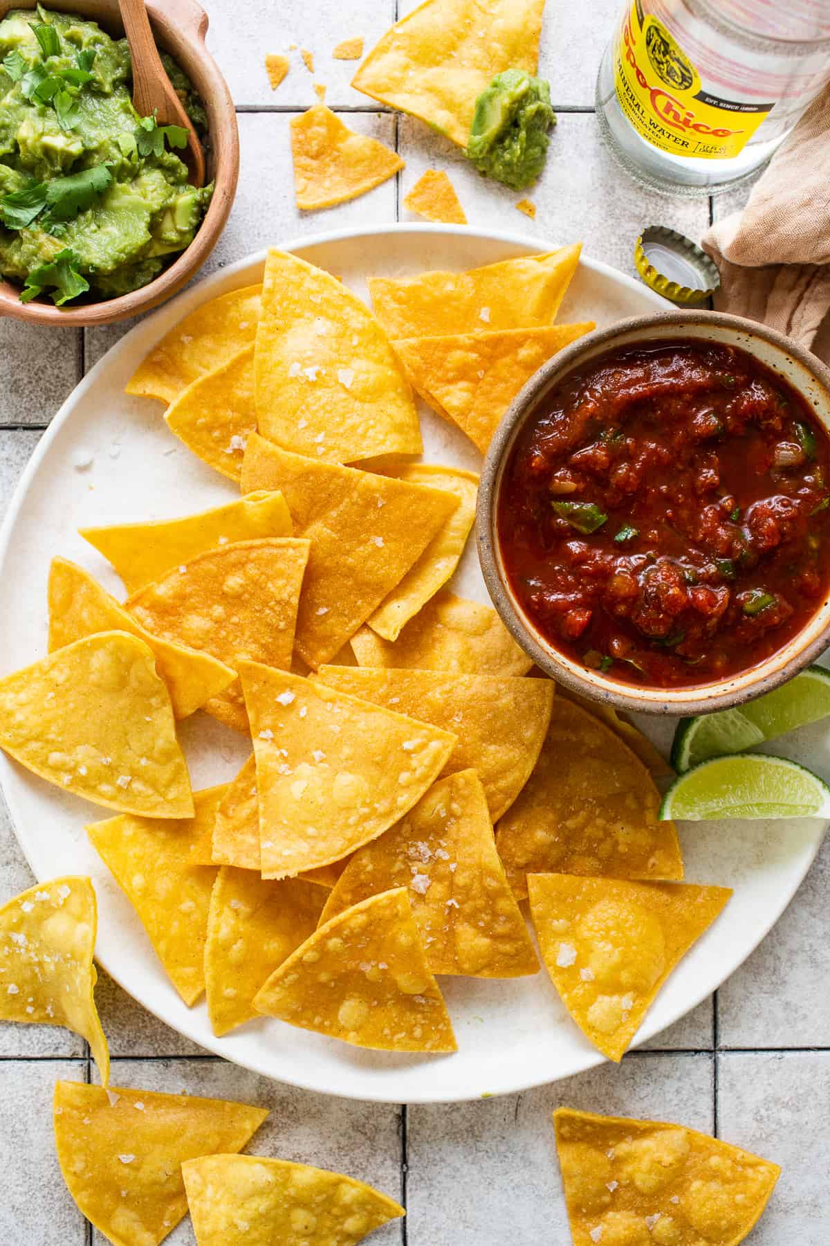 Crispy homemade tortilla chips with sea salt on a plate served with salsa.