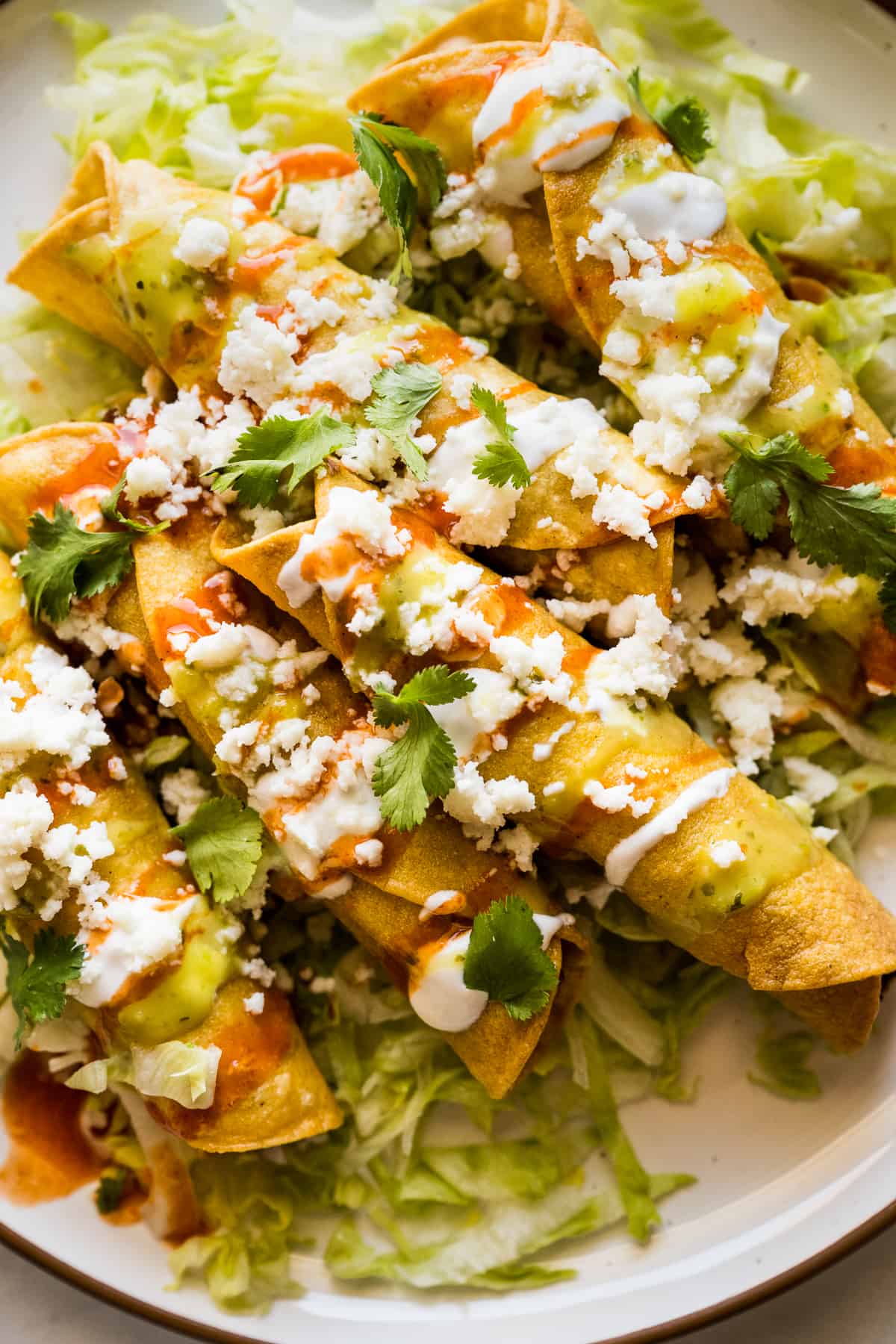 Flautas on a bed of shredded lettuce topped with crema, cotija cheese, and hot sauce.