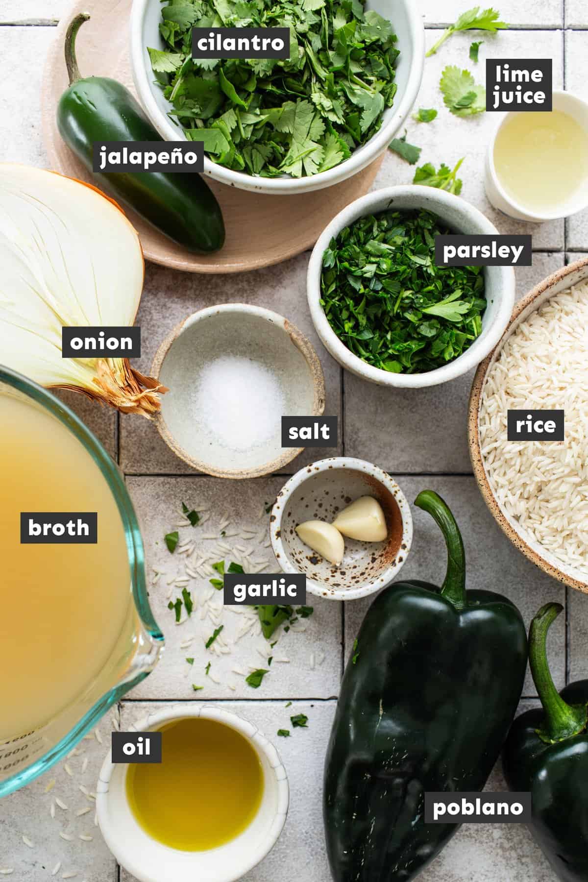 Ingredients for arroz verde on a table.