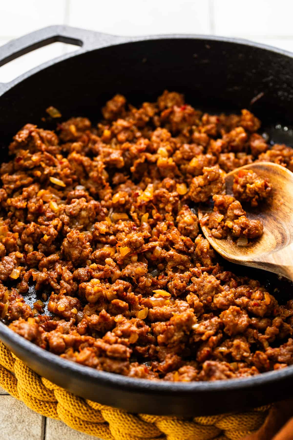 Cooked Mexican pork chorizo in a skillet.