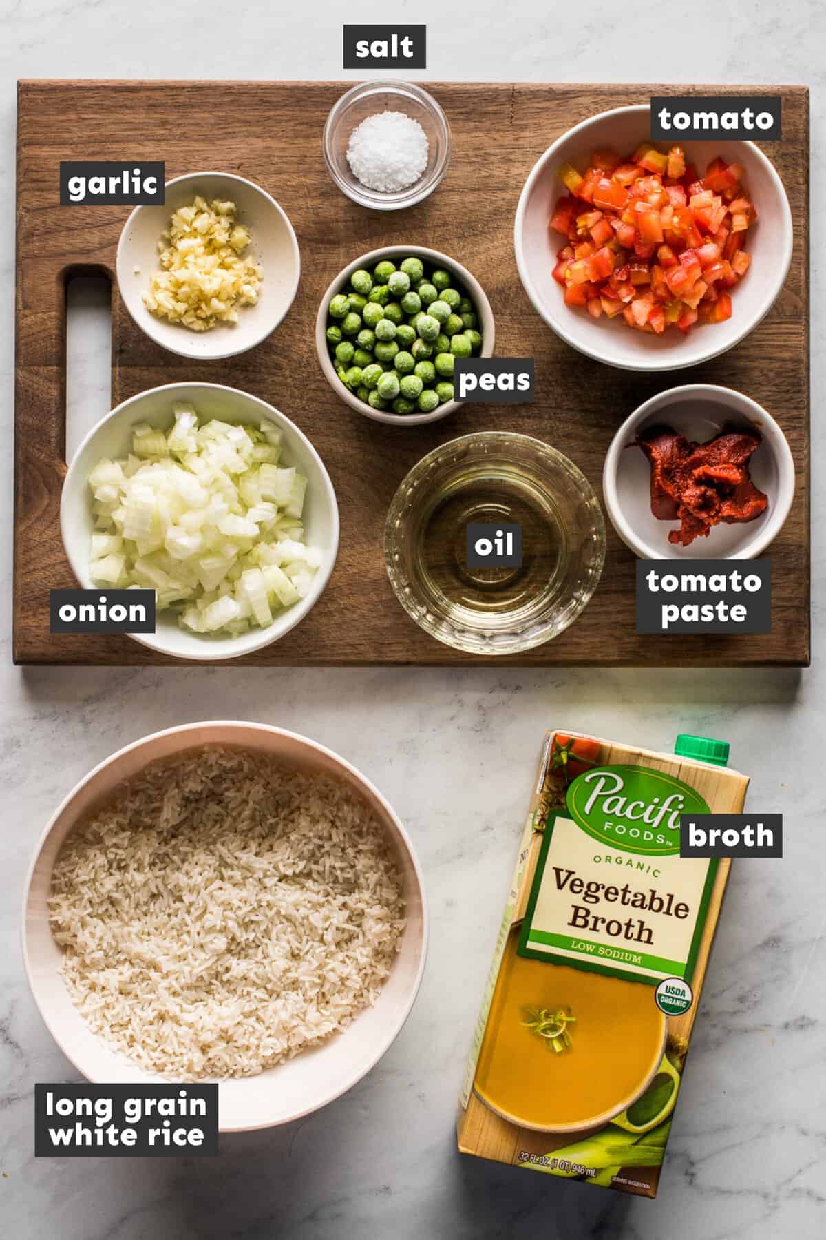 Ingredients for Mexican Rice on a table.