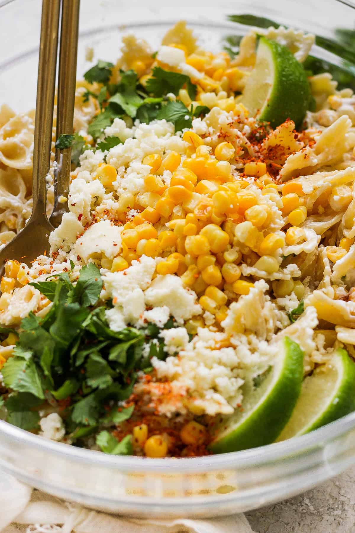 Mexican street corn pasta salad in a bowl.
