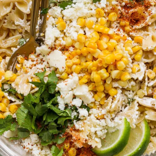 Mexican Street Corn Pasta Salad in a bowl ready to serve.