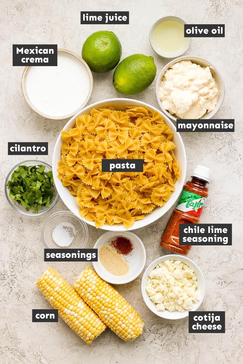 Ingredients for Mexican street corn pasta salad on a table.