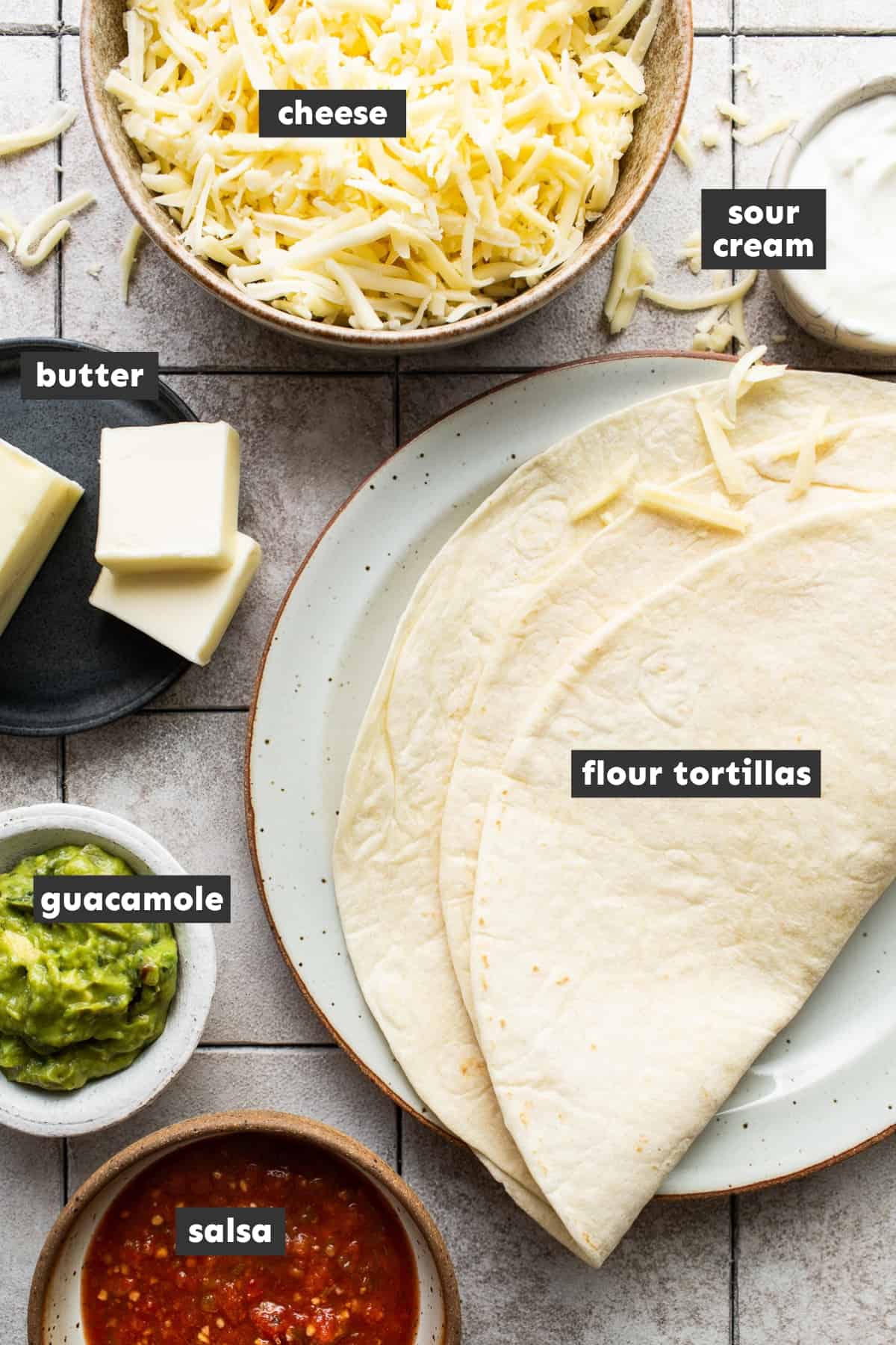 Ingredients in cheese quesadillas on a table.