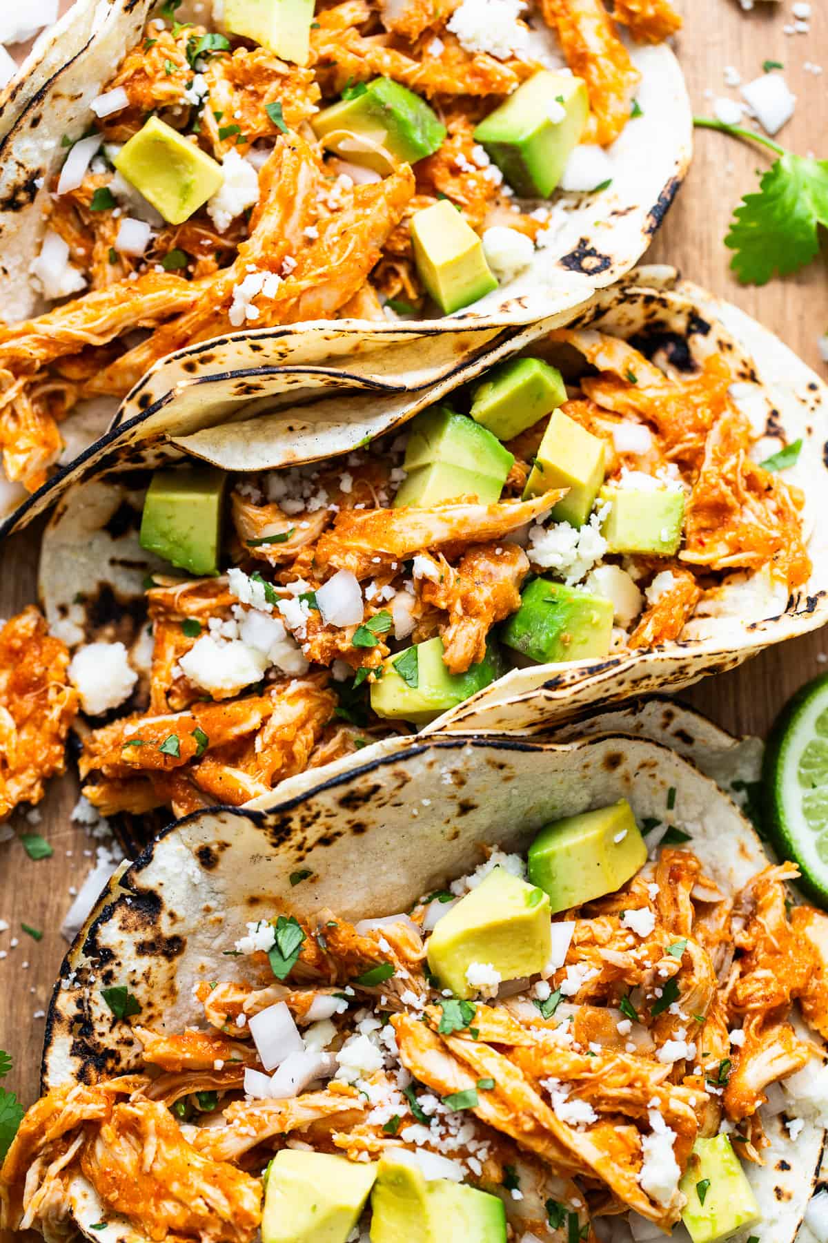 Chicken tinga tacos topped with queso fresco, onion, cilantro, and avocado.