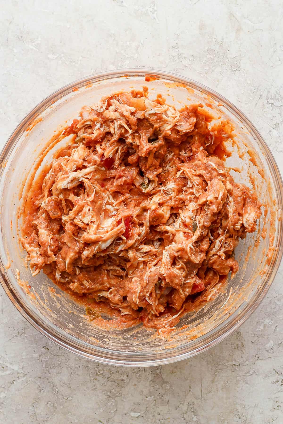 The filling for chimichangas in a large mixing bowl.