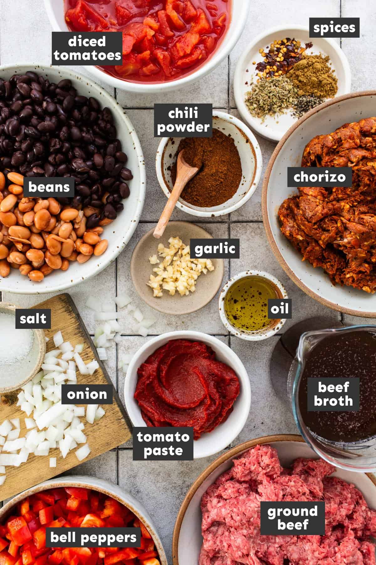 Ingredients in chorizo chili - an easy mexican meal!