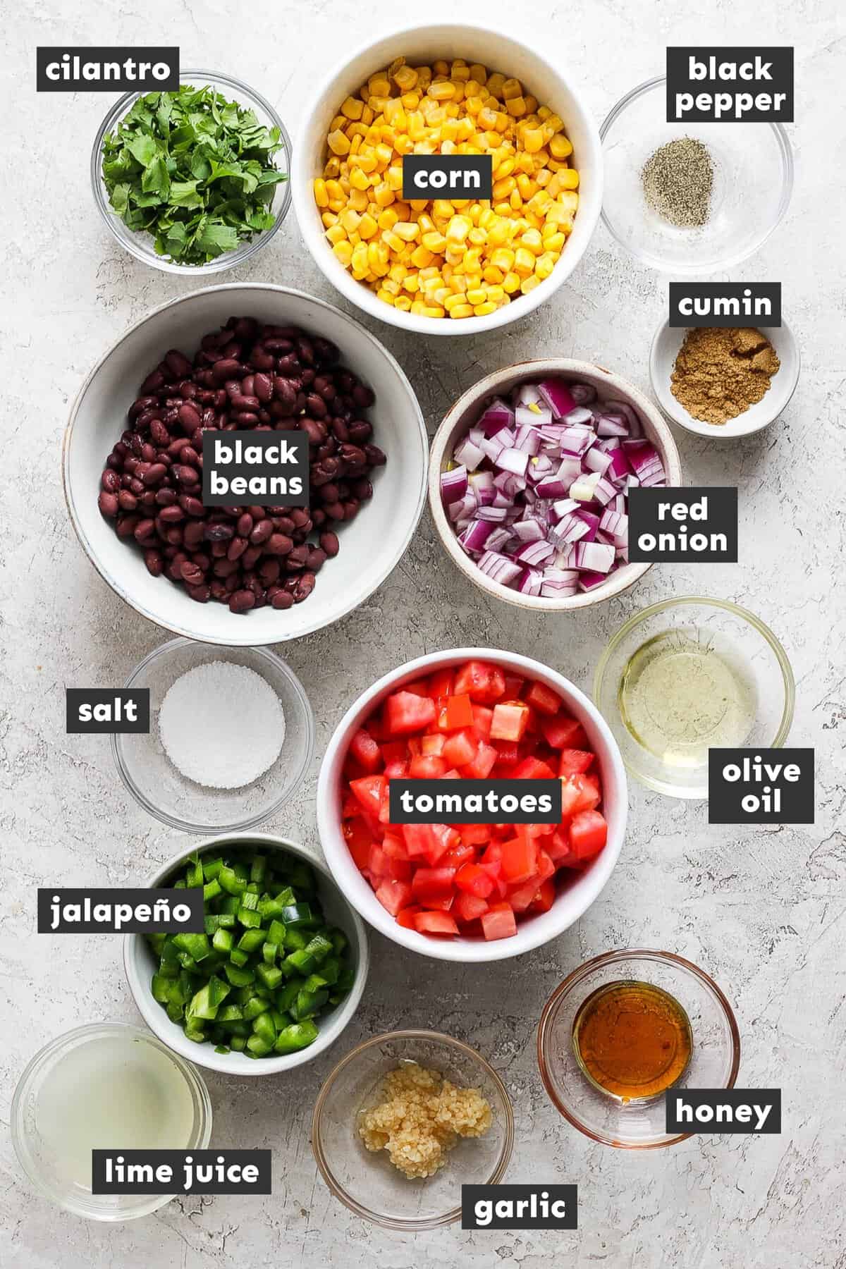 Black bean and corn salsa ingredients