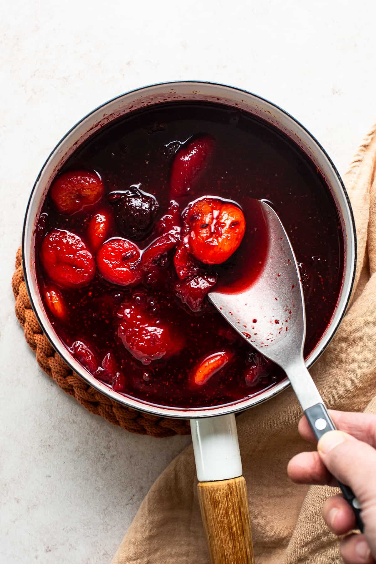 Reduced ingredients in a pot for making chamoy before being blended.