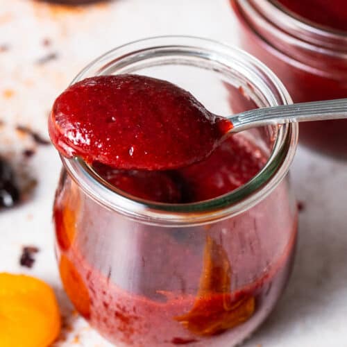 Homemade chamoy sauce in a jar.