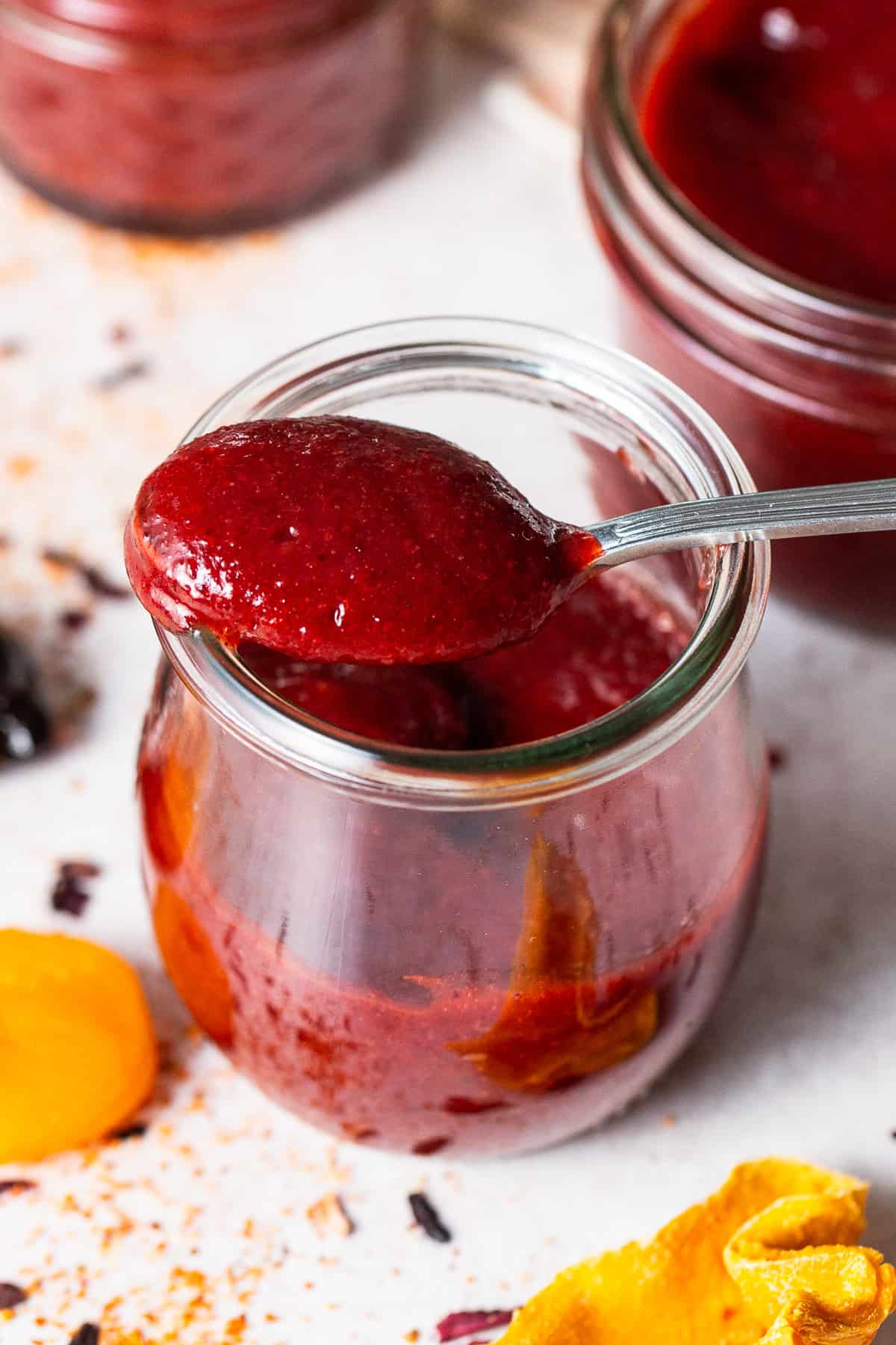 Homemade chamoy sauce in a jar.