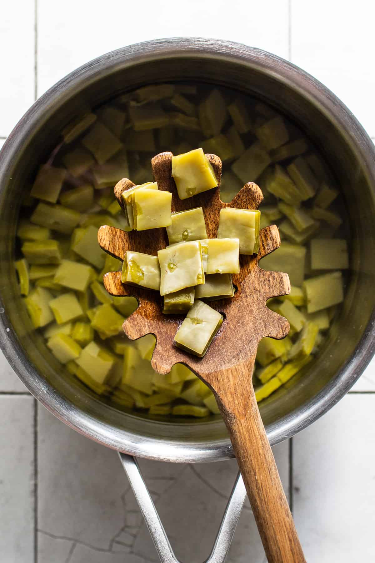 Nopales boiled in a pot of water and salt